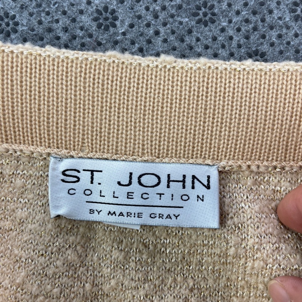 St John Collection Marie Gray Santana Knit Skirt Suit Beige Gold Metallic 4 6 - Picture 9 of 16